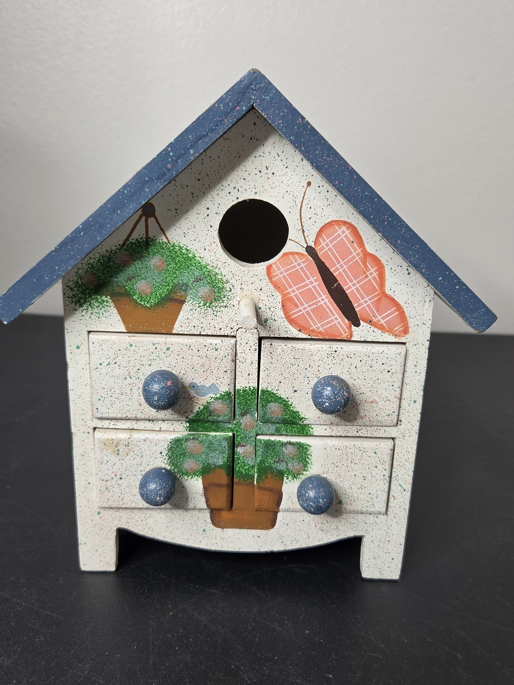 Hand-Painted White & Blue Decorative Mini Chest Birdhouse with Butterfly Accent